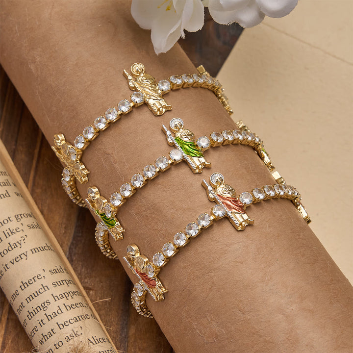 Christianartworkshop Funkelndes Zirkon-Tennisarmband mit Motiven des Heiligen Judas Thaddäus, des Heiligen Benedikt und der Muttergottes: Eine Erinnerung an himmlische Gnade - image 3