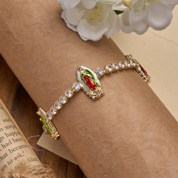 Christianartworkshop Funkelndes Zirkon-Tennisarmband mit Motiven des Heiligen Judas Thaddäus, des Heiligen Benedikt und der Muttergottes: Eine Erinnerung an himmlische Gnade - image 8