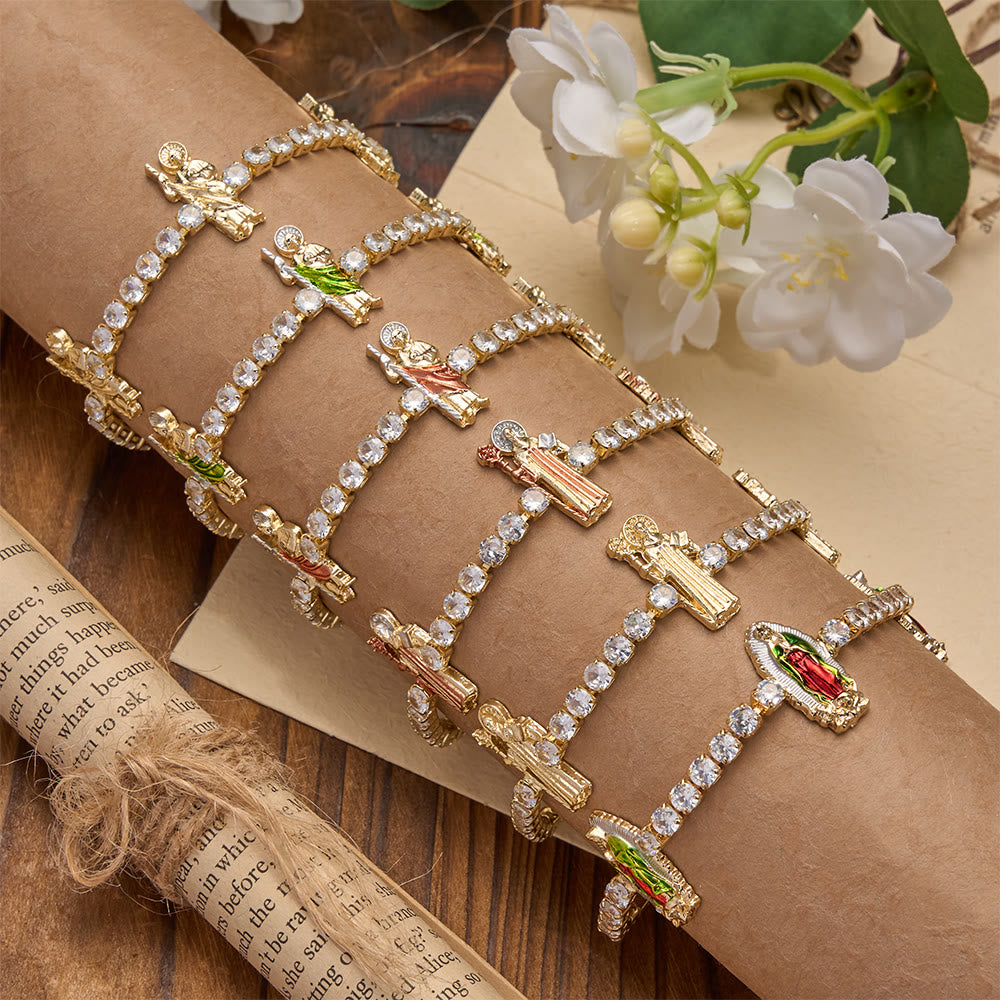 Christianartworkshop Funkelndes Zirkon-Tennisarmband mit Motiven des Heiligen Judas Thaddäus, des Heiligen Benedikt und der Muttergottes: Eine Erinnerung an himmlische Gnade - image 0