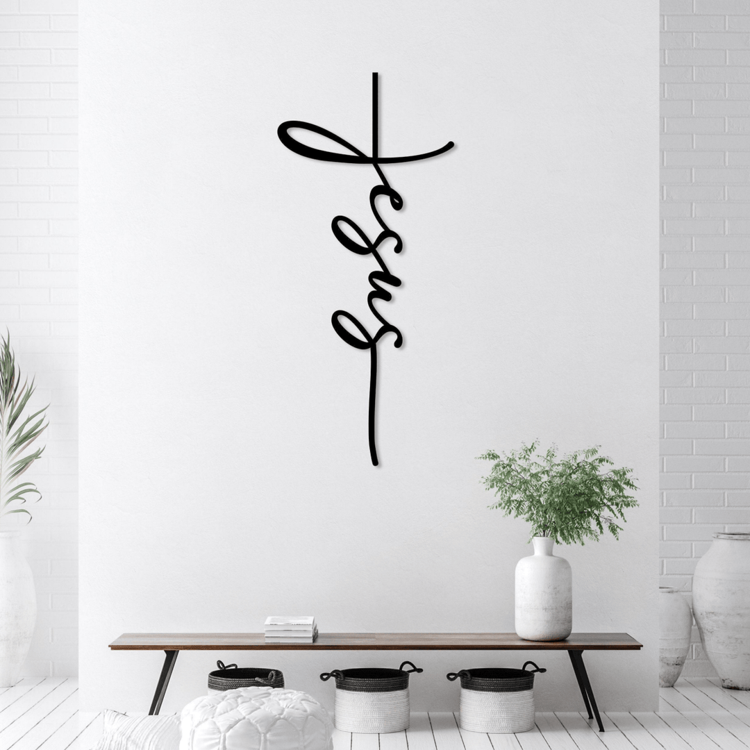 Christianartworkshop Jesus-Schriftzug-Kreuz aus Metall als Wanddekoration: Ein minimalistisches Glaubensbekenntnis - image 3