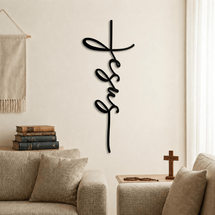 Christianartworkshop Jesus-Schriftzug-Kreuz aus Metall als Wanddekoration: Ein minimalistisches Glaubensbekenntnis - image 0
