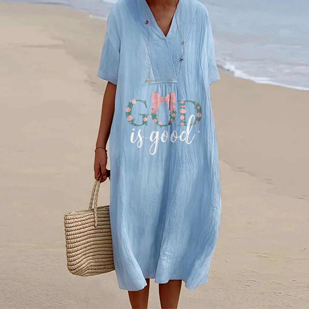 Christianartworkshop Gott ist immer gut – Aquarell-Midikleid mit V-Ausschnitt und kurzen Ärmeln - Blau - 4XL - image 0