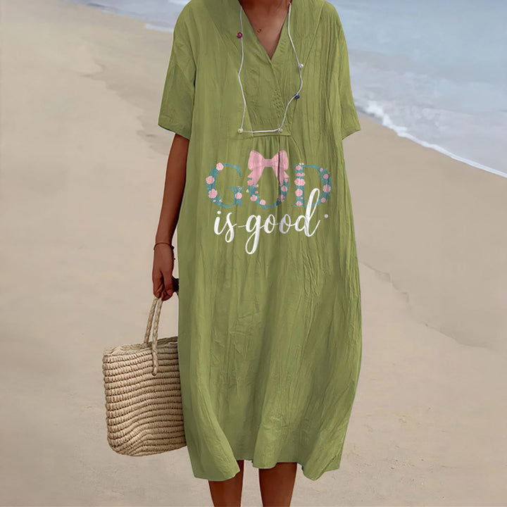 Christianartworkshop Gott ist immer gut – Aquarell-Midikleid mit V-Ausschnitt und kurzen Ärmeln - Olivgrün - 4XL - image 10