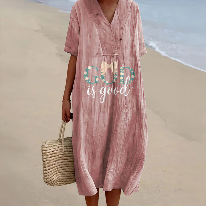 Christianartworkshop Gott ist immer gut – Aquarell-Midikleid mit V-Ausschnitt und kurzen Ärmeln - Rosa - 4XL - image 6