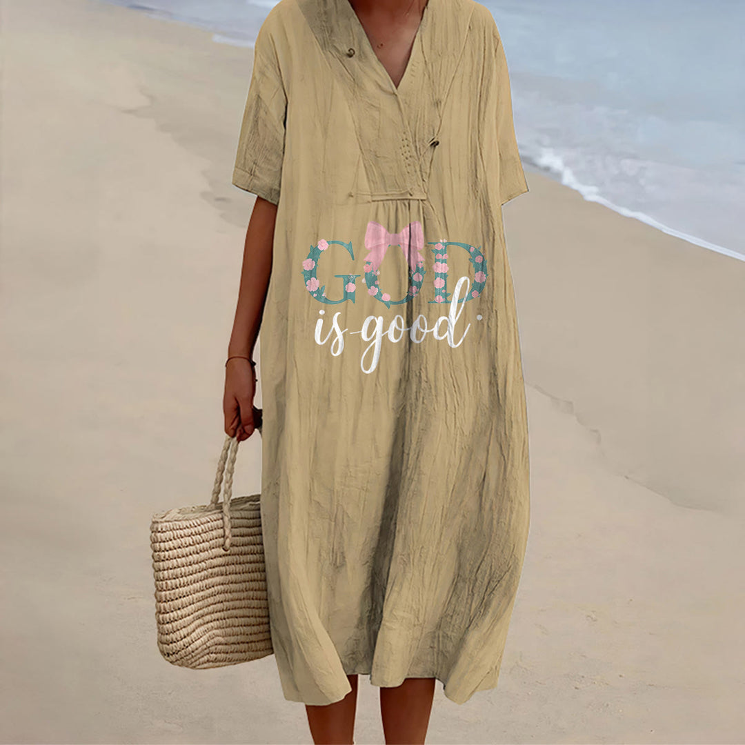 Christianartworkshop Gott ist immer gut – Aquarell-Midikleid mit V-Ausschnitt und kurzen Ärmeln - Khaki - 4XL - image 4