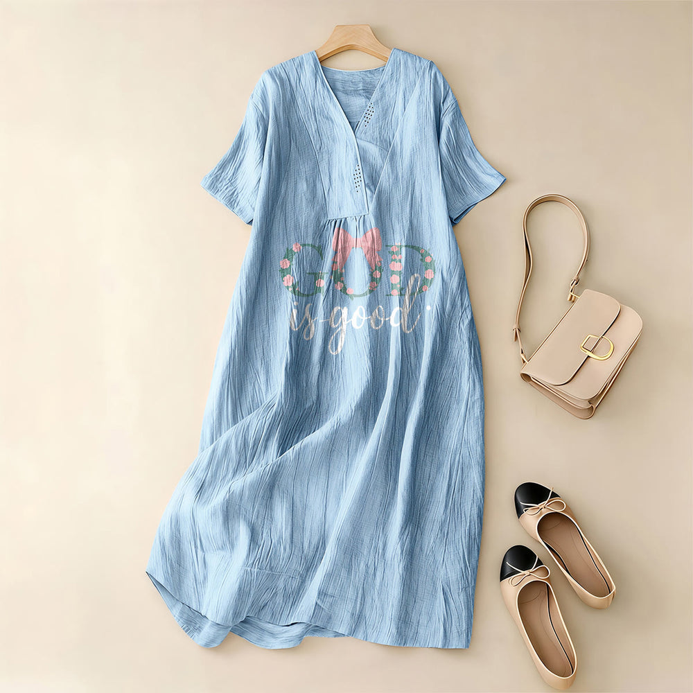 Christianartworkshop Gott ist immer gut – Aquarell-Midikleid mit V-Ausschnitt und kurzen Ärmeln - image 1