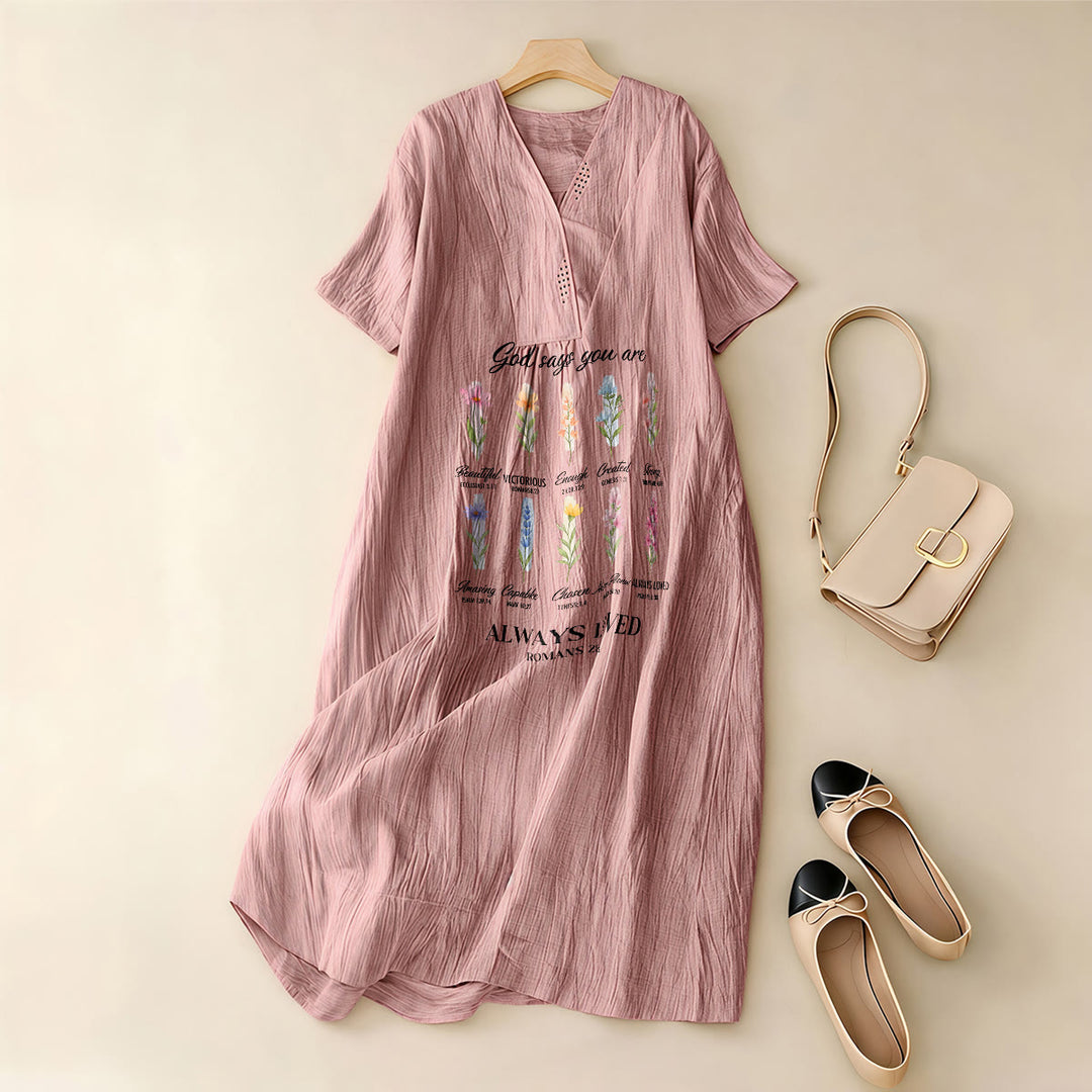 Christianartworkshop Gott sagt, du wirst immer geliebt – Geblümtes Midikleid mit V-Ausschnitt und kurzen Ärmeln - image 7