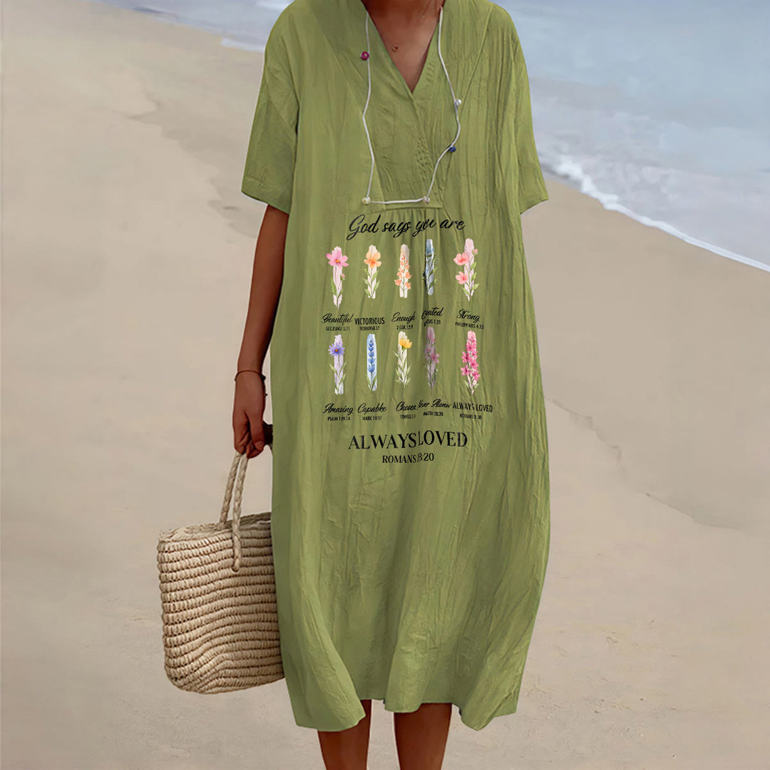 Christianartworkshop Gott sagt, du wirst immer geliebt – Geblümtes Midikleid mit V-Ausschnitt und kurzen Ärmeln - Olivgrün - 4XL - image 10