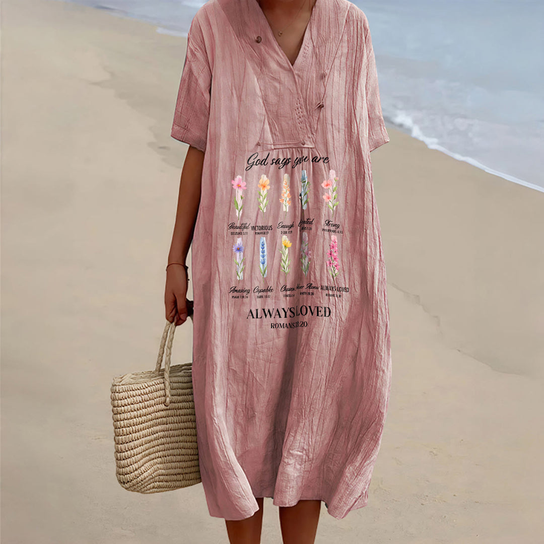 Christianartworkshop Gott sagt, du wirst immer geliebt – Geblümtes Midikleid mit V-Ausschnitt und kurzen Ärmeln - Rosa - 4XL - image 6