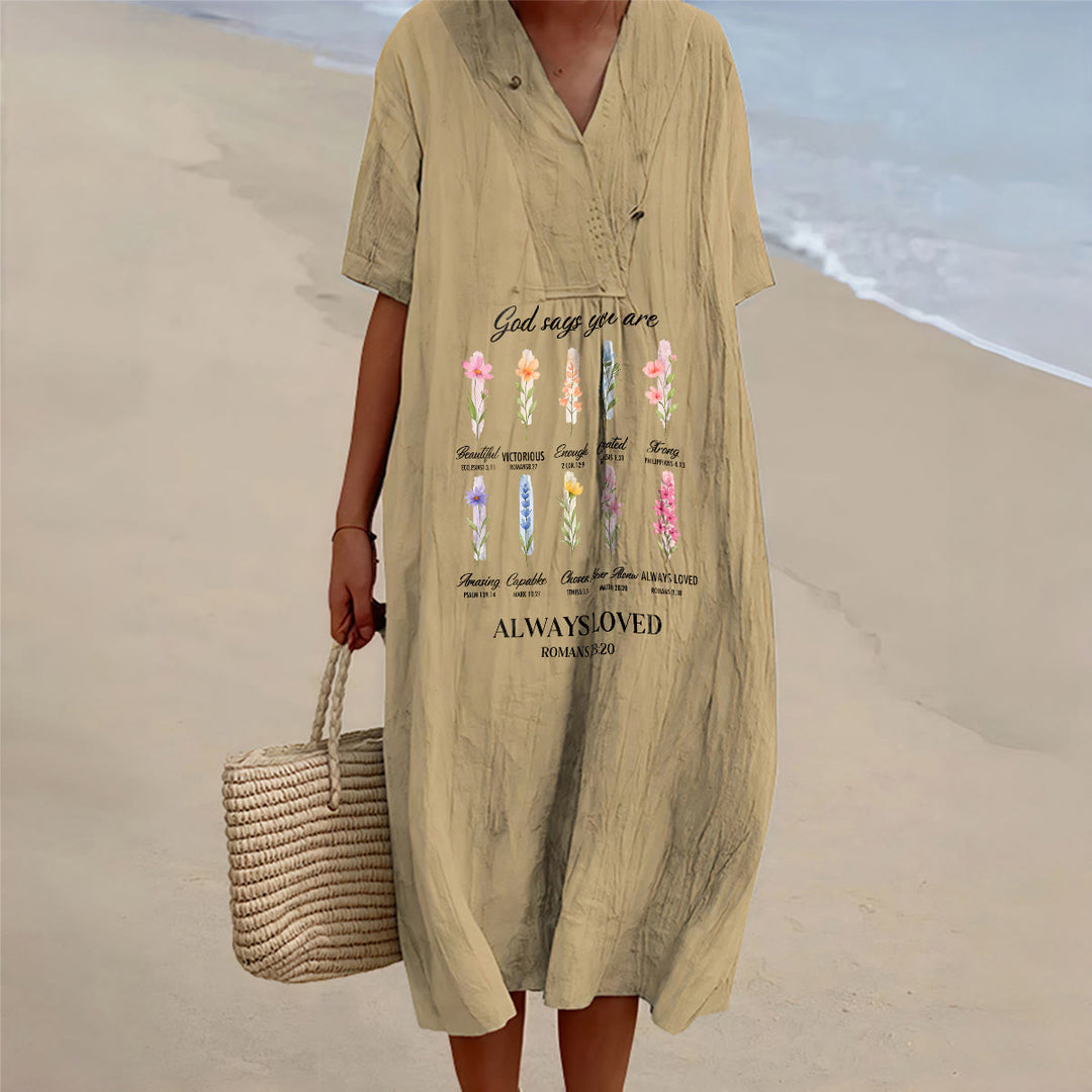 Christianartworkshop Gott sagt, du wirst immer geliebt – Geblümtes Midikleid mit V-Ausschnitt und kurzen Ärmeln - Khaki - 4XL - image 4