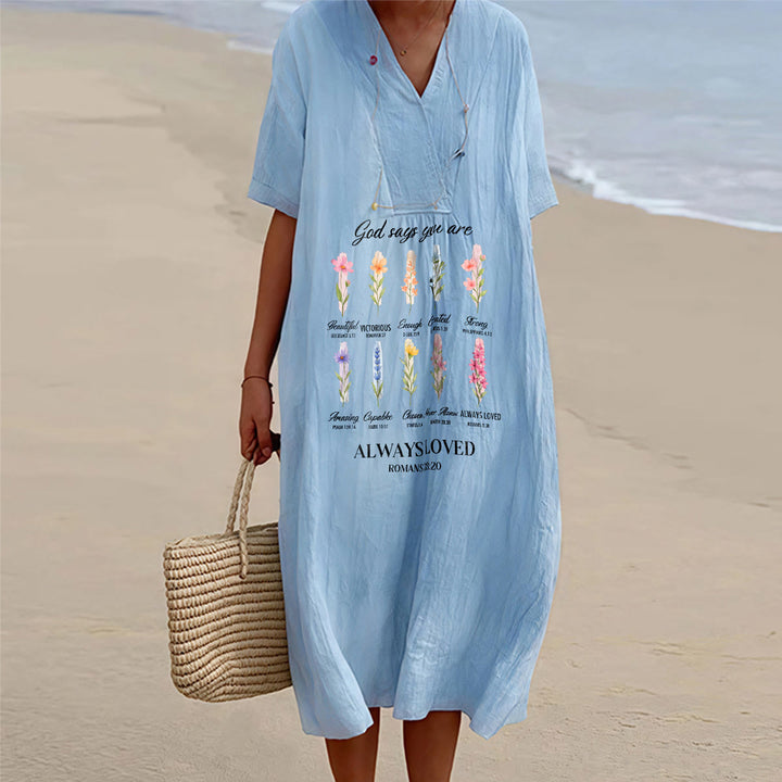 Christianartworkshop Gott sagt, du wirst immer geliebt – Geblümtes Midikleid mit V-Ausschnitt und kurzen Ärmeln - Blau - 4XL - image 2