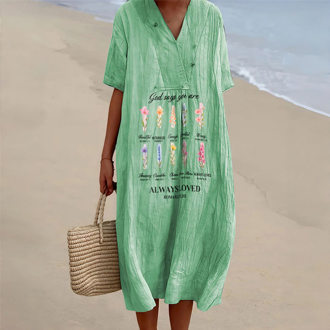 Christianartworkshop Gott sagt, du wirst immer geliebt – Geblümtes Midikleid mit V-Ausschnitt und kurzen Ärmeln - Grün - 4XL - image 0