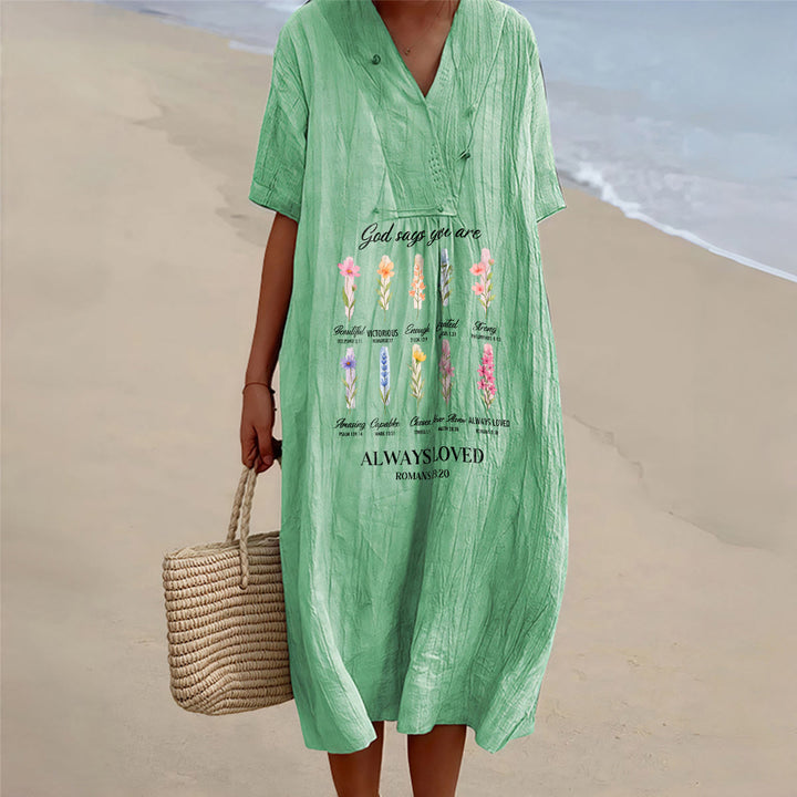 Christianartworkshop Gott sagt, du wirst immer geliebt – Geblümtes Midikleid mit V-Ausschnitt und kurzen Ärmeln - Grün - 4XL - image 0