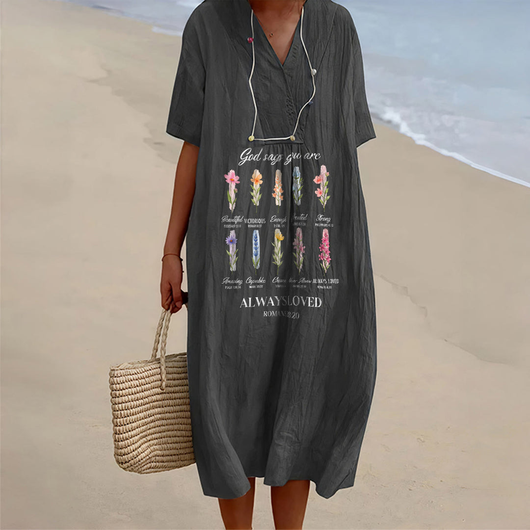 Christianartworkshop Gott sagt, du wirst immer geliebt – Geblümtes Midikleid mit V-Ausschnitt und kurzen Ärmeln - Schwarz - 4XL - image 8