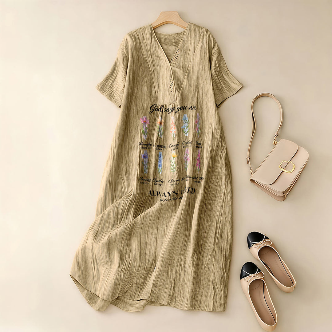 Christianartworkshop Gott sagt, du wirst immer geliebt – Geblümtes Midikleid mit V-Ausschnitt und kurzen Ärmeln - image 5