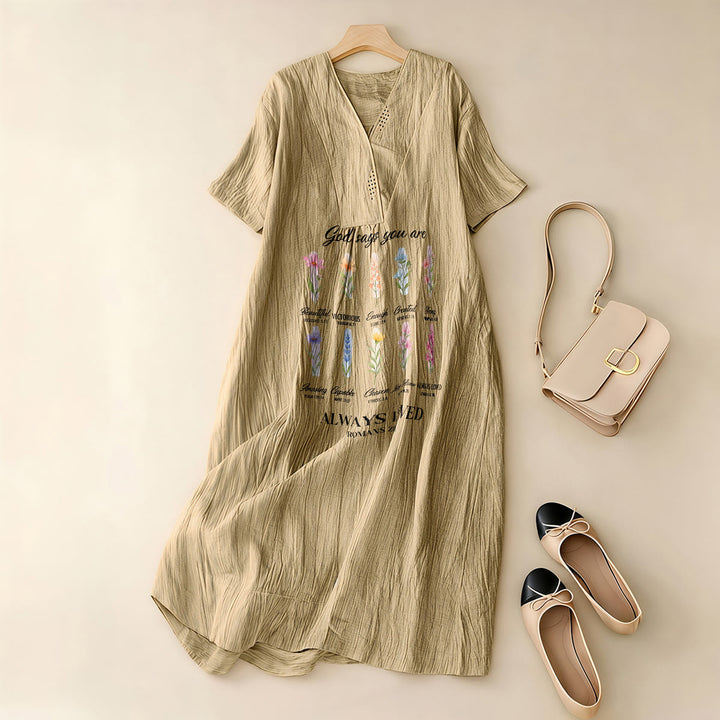 Christianartworkshop Gott sagt, du wirst immer geliebt – Geblümtes Midikleid mit V-Ausschnitt und kurzen Ärmeln - image 5