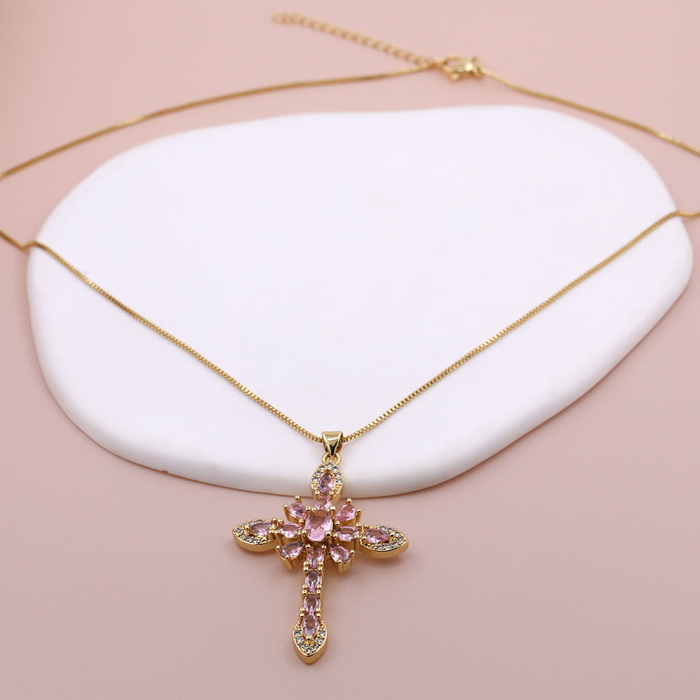 Christianartworkshop Mehrfarbige Zirkon-Kreuzanhänger-Halskette mit Steinen im Marquise-Schliff: Ein Symbol lebendigen Glaubens - Rosa - image 6