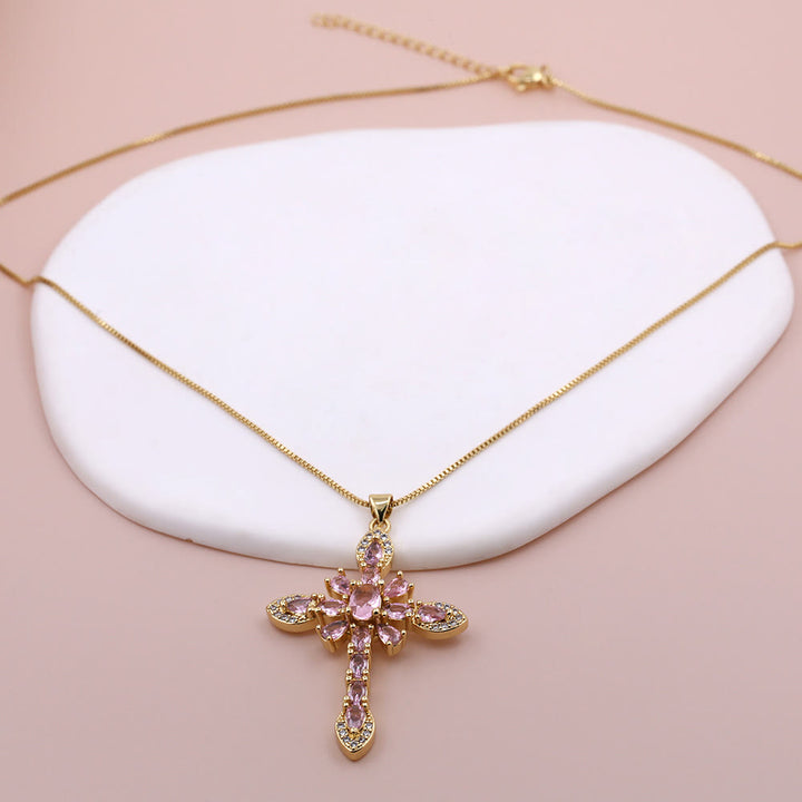 Christianartworkshop Mehrfarbige Zirkon-Kreuzanhänger-Halskette mit Steinen im Marquise-Schliff: Ein Symbol lebendigen Glaubens - Rosa - image 6