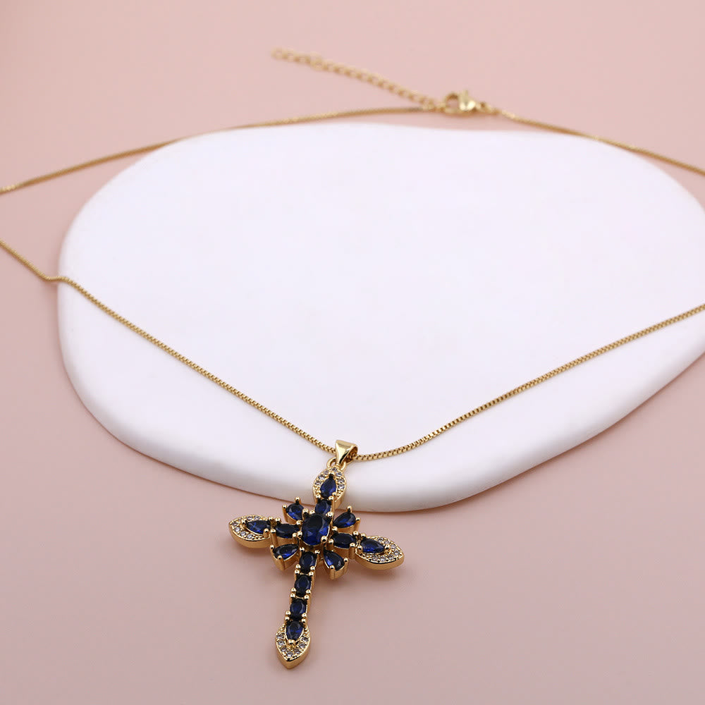 Christianartworkshop Mehrfarbige Zirkon-Kreuzanhänger-Halskette mit Steinen im Marquise-Schliff: Ein Symbol lebendigen Glaubens - Blau - image 7