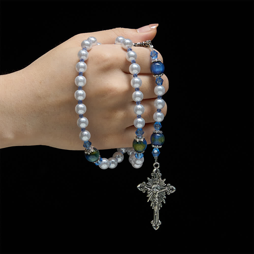 Christianartworkshop Rosenkranz mit blau-grünem Farbverlauf und weißen Perlen und Marienmotiv - image 1