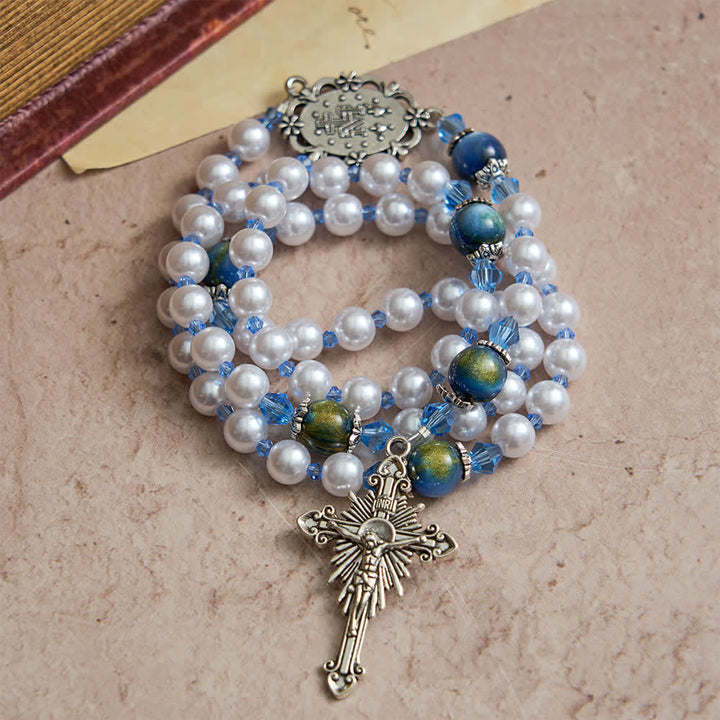 Christianartworkshop Rosenkranz mit blau-grünem Farbverlauf und weißen Perlen und Marienmotiv - image 2