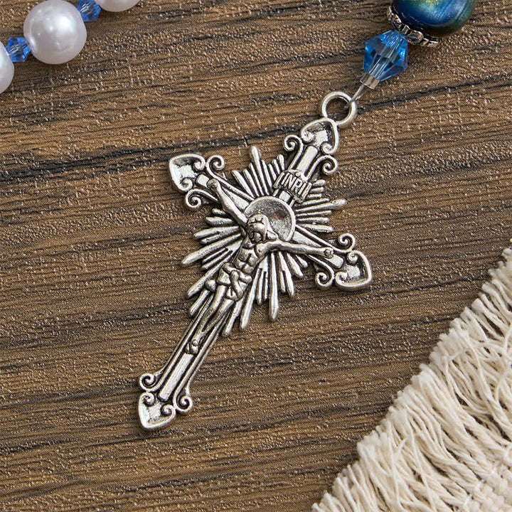 Christianartworkshop Rosenkranz mit blau-grünem Farbverlauf und weißen Perlen und Marienmotiv - image 5