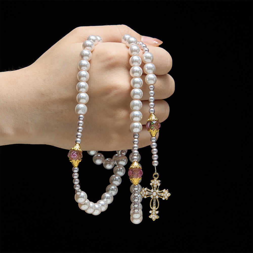 Christianartworkshop Rosenkranz aus elfenbeinfarbenen und rosafarbenen Rosenperlen, Guadalupe-Stil: Heilige Vintage-Eleganz - image 1