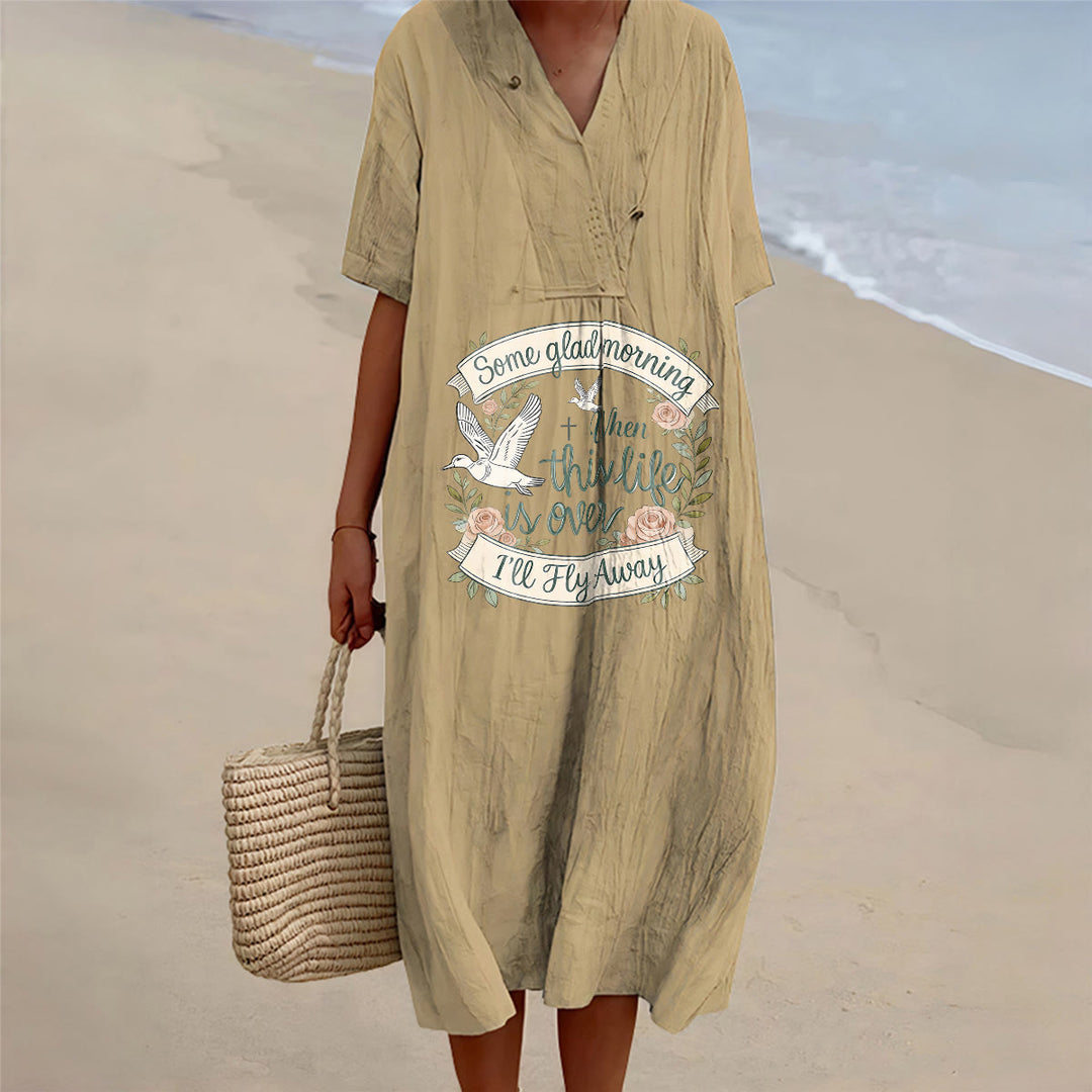 Christianartworkshop Some Glad Morning I'll Fly Away Floral Dove V-Neck Kurzarm-Midikleid - Khaki - 4XL - image 6