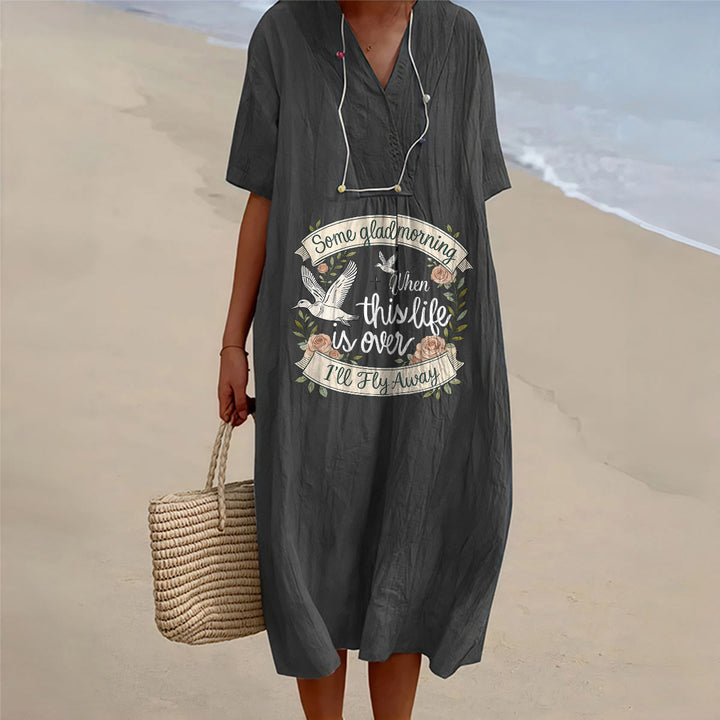 Christianartworkshop Some Glad Morning I'll Fly Away Floral Dove V-Neck Kurzarm-Midikleid - Schwarz - 4XL - image 0