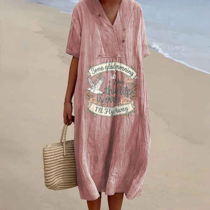 Christianartworkshop Some Glad Morning I'll Fly Away Floral Dove V-Neck Kurzarm-Midikleid - Rosa - 4XL - image 8