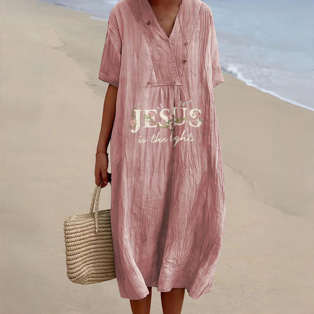 Christianartworkshop Jesus Is The Light Blumen-Schmetterlings-Midikleid mit V-Ausschnitt und kurzen Ärmeln - Rosa - 4XL - image 6