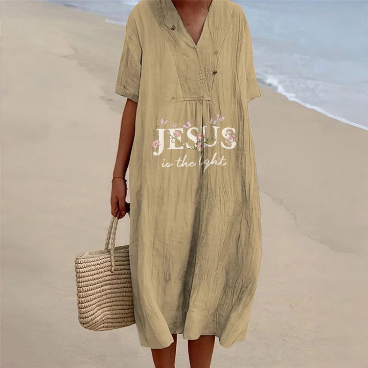 Christianartworkshop Jesus Is The Light Blumen-Schmetterlings-Midikleid mit V-Ausschnitt und kurzen Ärmeln - Khaki - 4XL - image 0