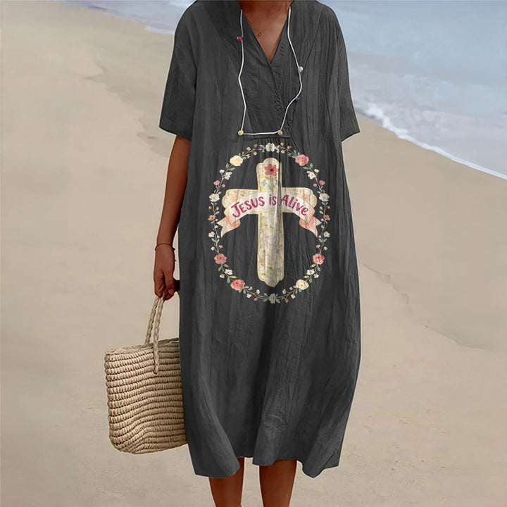 Christianartworkshop Jesus Is Alive Blumenkreuz V-Ausschnitt Kurzarm Midikleid - Schwarz - 4XL - image 8
