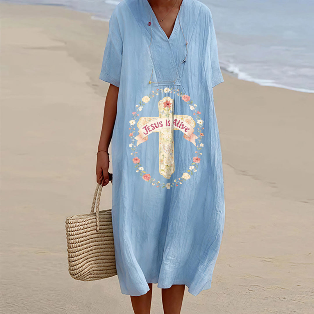 Christianartworkshop Jesus Is Alive Blumenkreuz V-Ausschnitt Kurzarm Midikleid - Blau - 4XL - image 0