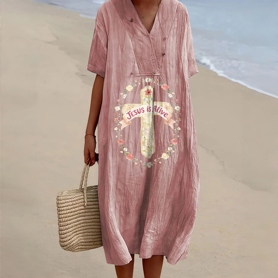 Christianartworkshop Jesus Is Alive Blumenkreuz V-Ausschnitt Kurzarm Midikleid - Rosa - 4XL - image 6