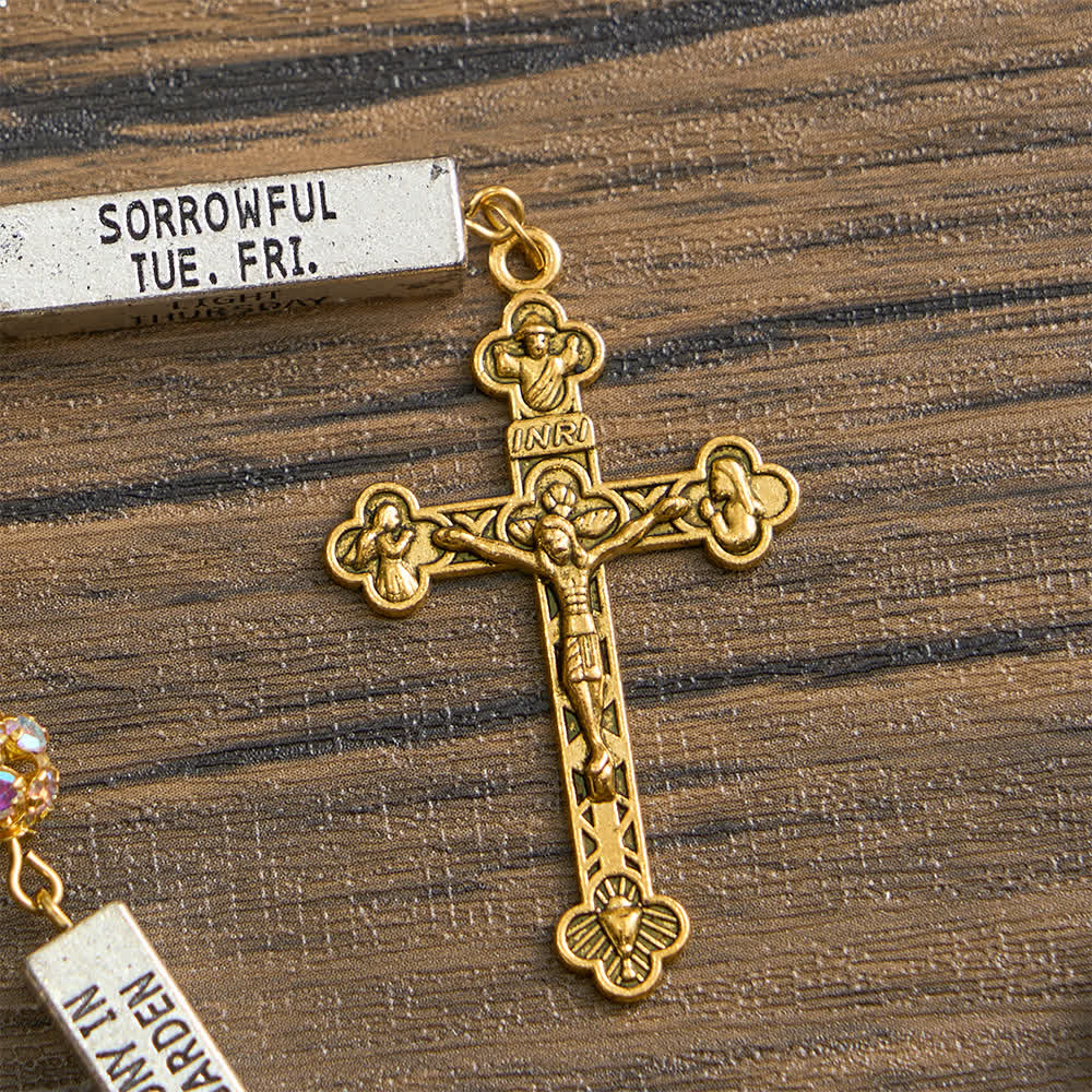 Christianartworkshop Sechsblättriger Rosenkranz mit goldenen Strasssteinen und dem Motiv Unserer Lieben Frau von Fatima - image 7