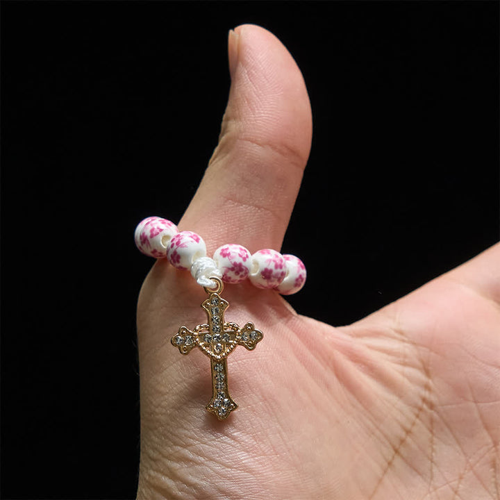 Christianartworkshop Fingerrosenkranz aus rosa Keramik mit Blumenmuster und Kristallkreuz - image 1