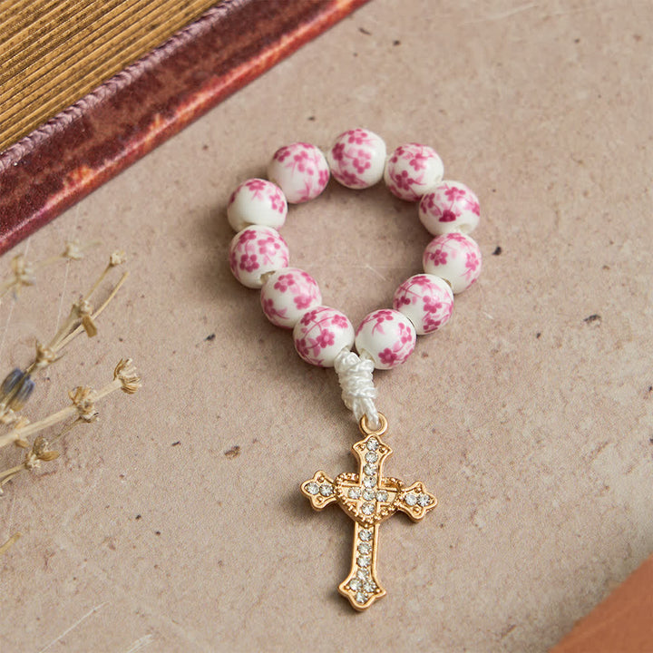 Christianartworkshop Fingerrosenkranz aus rosa Keramik mit Blumenmuster und Kristallkreuz - image 2