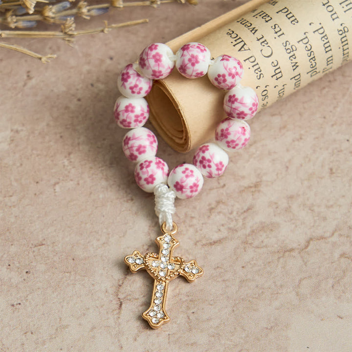 Christianartworkshop Fingerrosenkranz aus rosa Keramik mit Blumenmuster und Kristallkreuz - 10 Stück - image 0