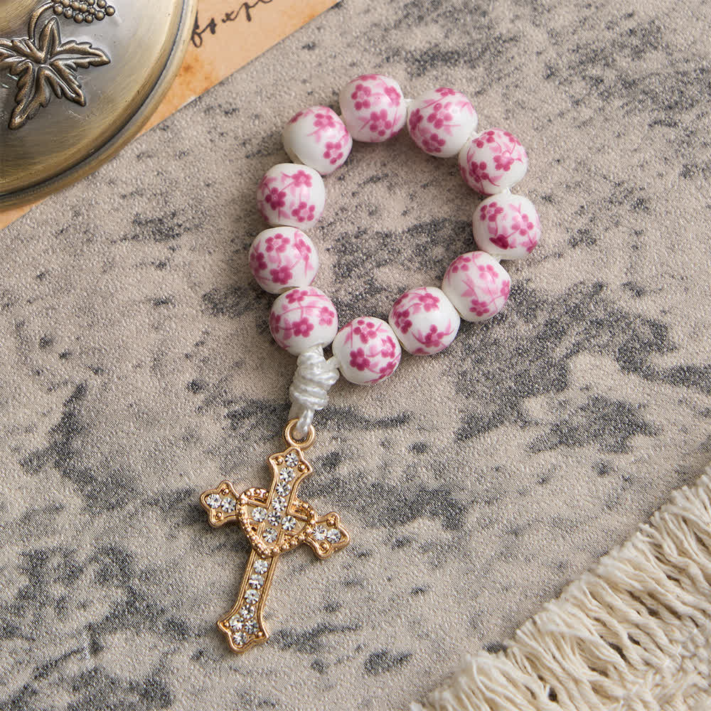 Christianartworkshop Fingerrosenkranz aus rosa Keramik mit Blumenmuster und Kristallkreuz - image 4