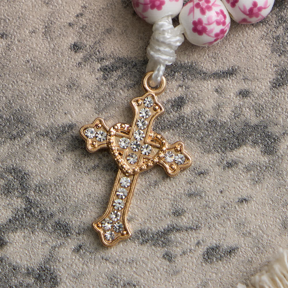 Christianartworkshop Fingerrosenkranz aus rosa Keramik mit Blumenmuster und Kristallkreuz - image 7
