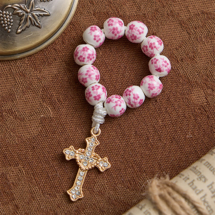 Christianartworkshop Fingerrosenkranz aus rosa Keramik mit Blumenmuster und Kristallkreuz - image 5