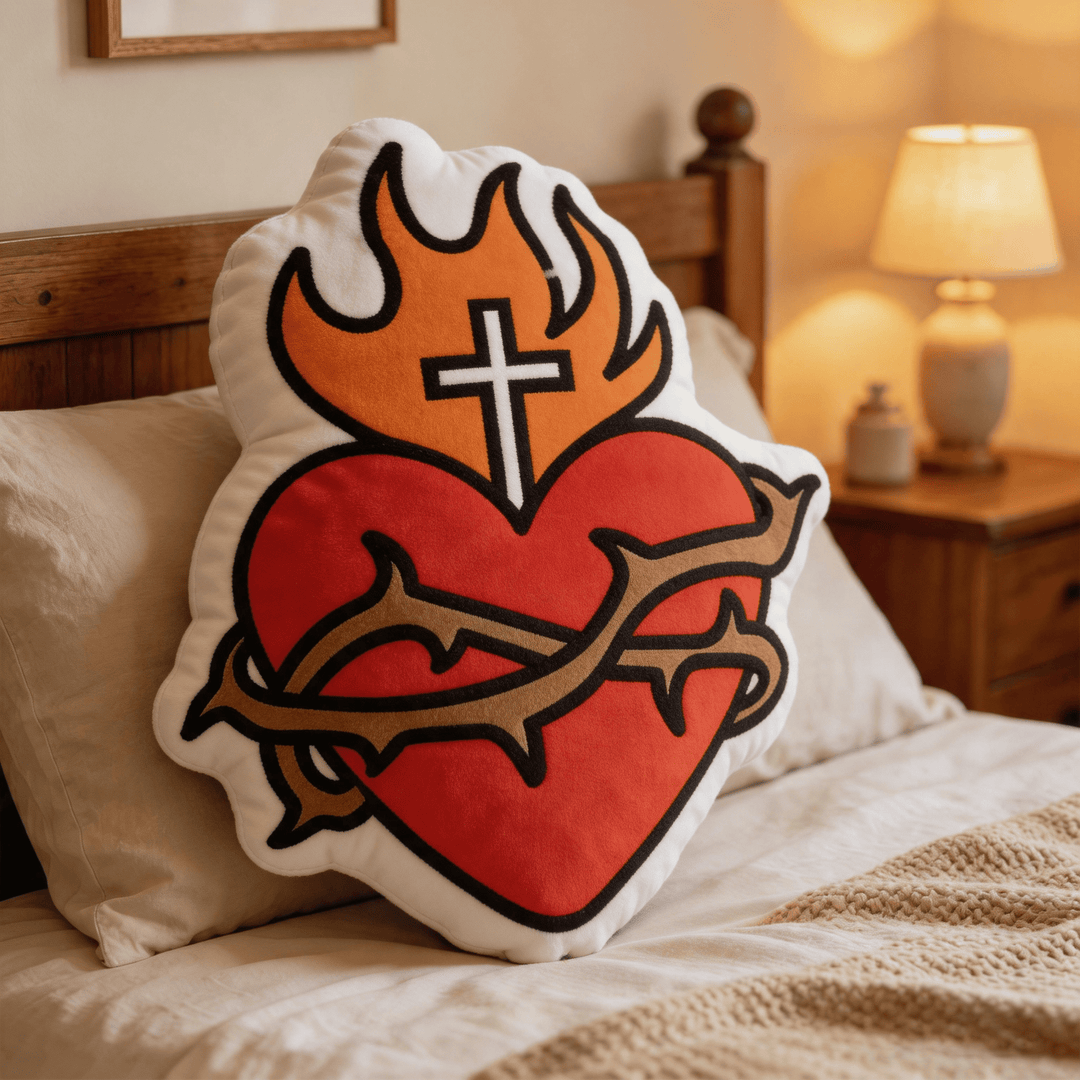 Christianartworkshop Religiöses Dekokissen in Form eines Herz-Jesu-Kreuzes mit Flamme und Dornenkrone - image 1