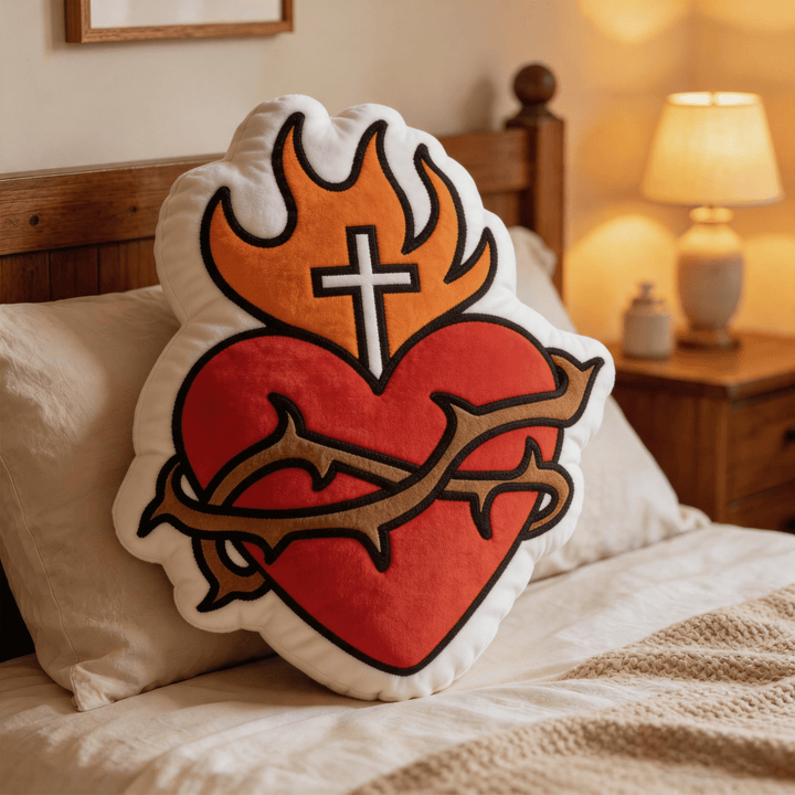Christianartworkshop Religiöses Dekokissen in Form eines Herz-Jesu-Kreuzes mit Flamme und Dornenkrone - image 2