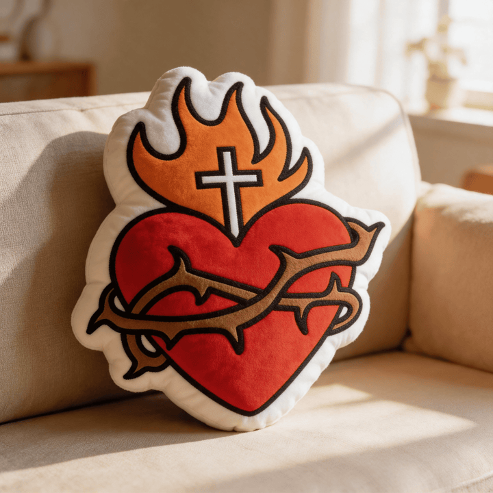 Christianartworkshop Religiöses Dekokissen in Form eines Herz-Jesu-Kreuzes mit Flamme und Dornenkrone - 24 Zoll (60 cm) - image 0