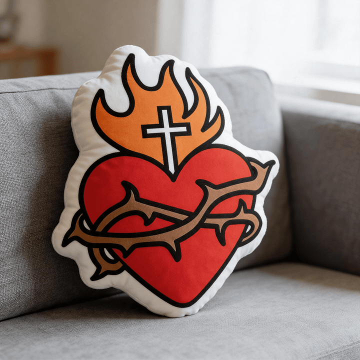Christianartworkshop Religiöses Dekokissen in Form eines Herz-Jesu-Kreuzes mit Flamme und Dornenkrone - image 3