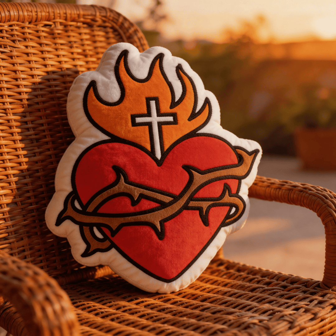 Christianartworkshop Religiöses Dekokissen in Form eines Herz-Jesu-Kreuzes mit Flamme und Dornenkrone - image 5