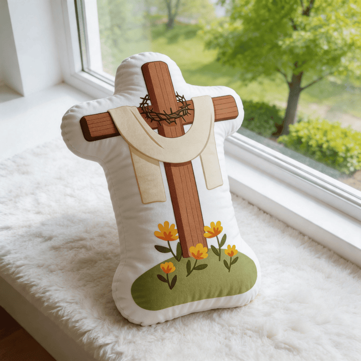 Christianartworkshop Dekoratives Kissen mit Blumenkreuz, Dornenkrone und Stoffumhang – ein Symbol des Glaubens. - 24 Zoll (60 cm) - image 0