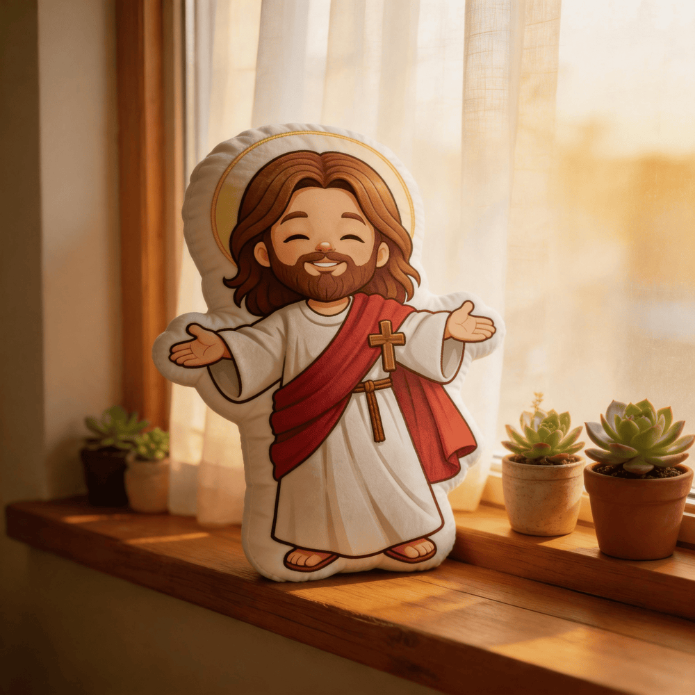 Christianartworkshop Niedliches, lächelndes Jesus-Kissen mit offenen Armen und Heiligenschein - image 1