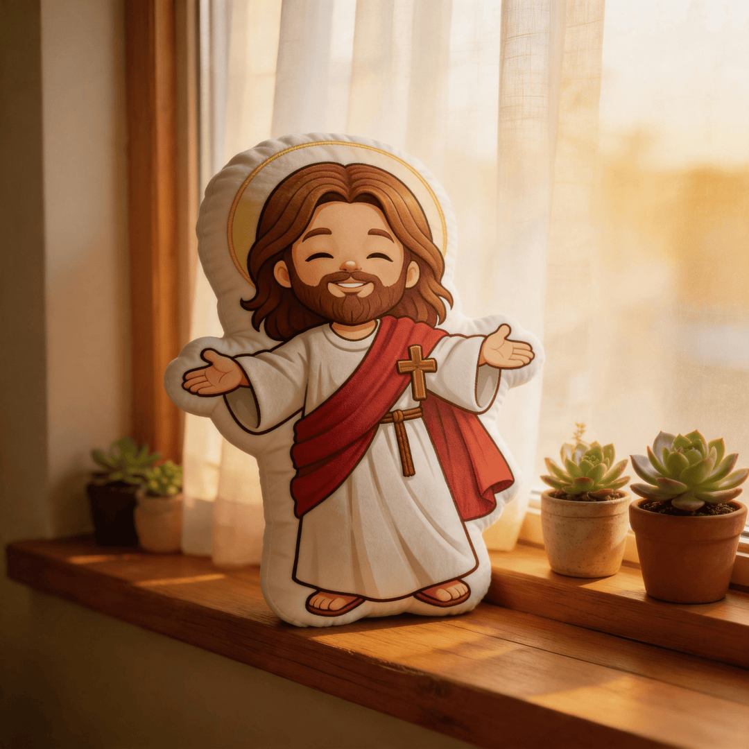 Christianartworkshop Niedliches, lächelndes Jesus-Kissen mit offenen Armen und Heiligenschein - image 1
